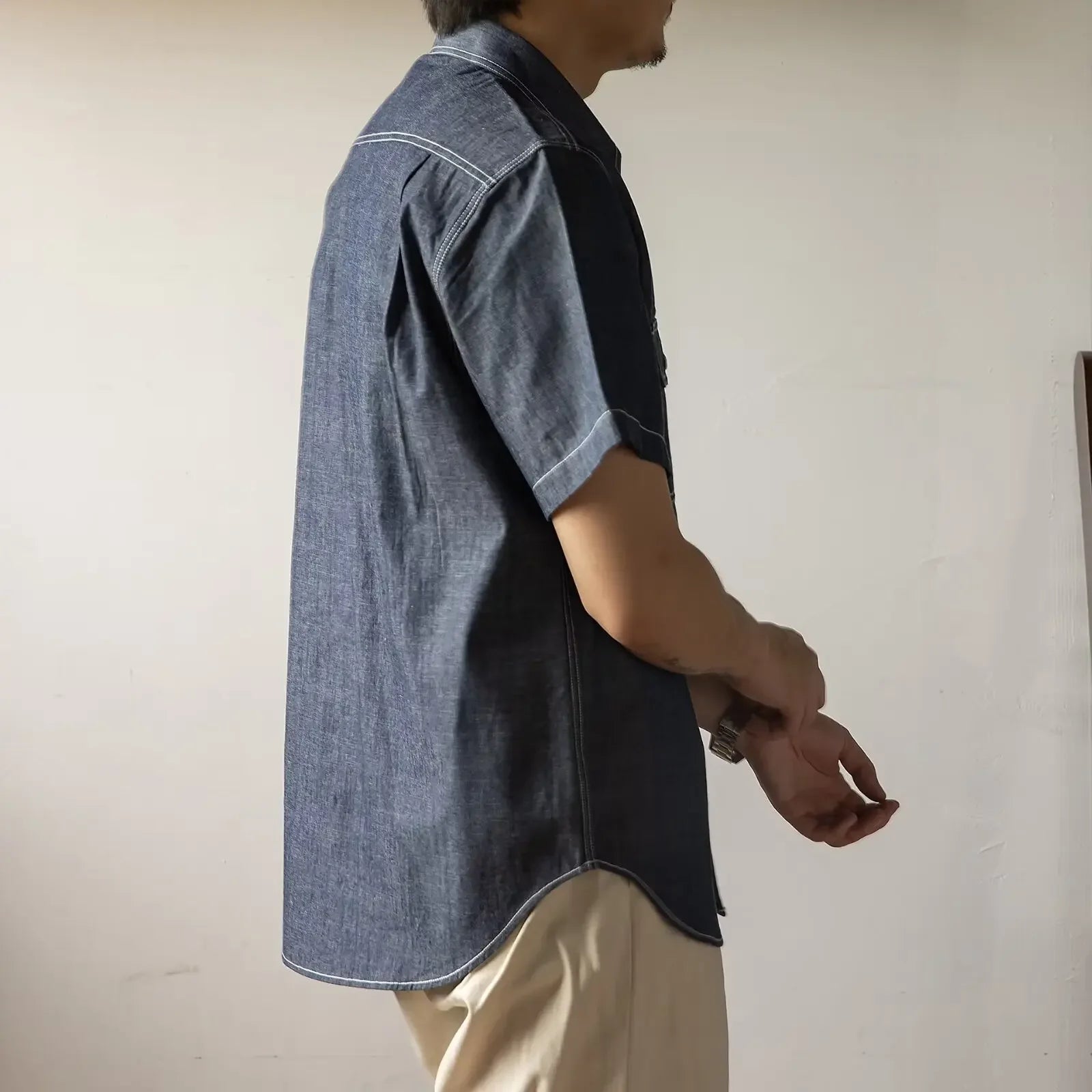 Chemise d'été en jean vintage coupe ample à manches courtes pour homme
