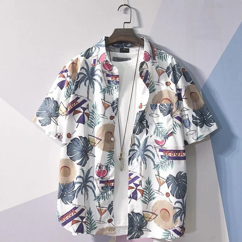 Chemise boutonnée d'été à imprimé dessin animé hawaïen - Décontractée et ample