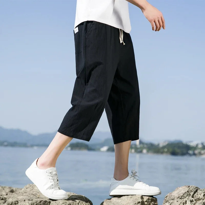 Short d'été décontracté en coton et lin pour homme, taille élastique ample
