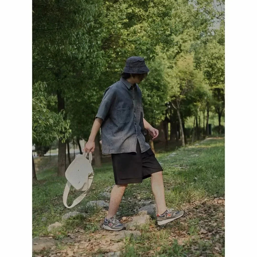 Chemise en jean décontractée et ample de style japonais rétro délavé pour homme