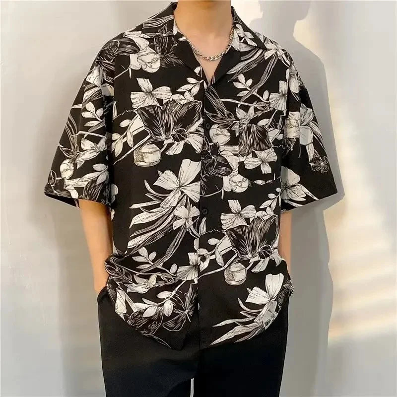 Chemise jacquard en soie glacée à col cubain et motif floral – Style rétro été pour homme