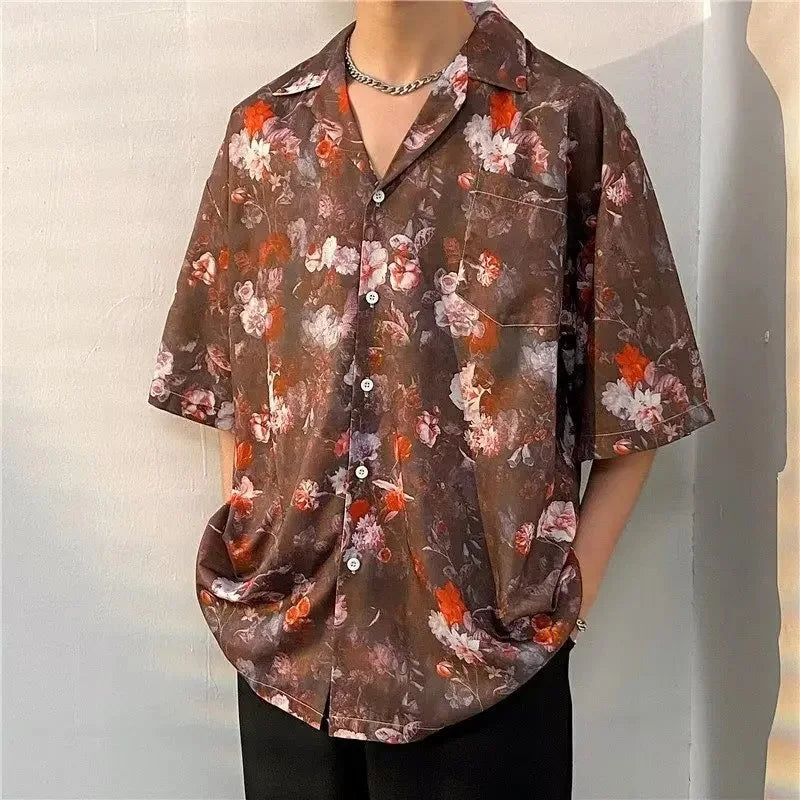 Chemise jacquard en soie glacée à col cubain et motif floral – Style rétro été pour homme