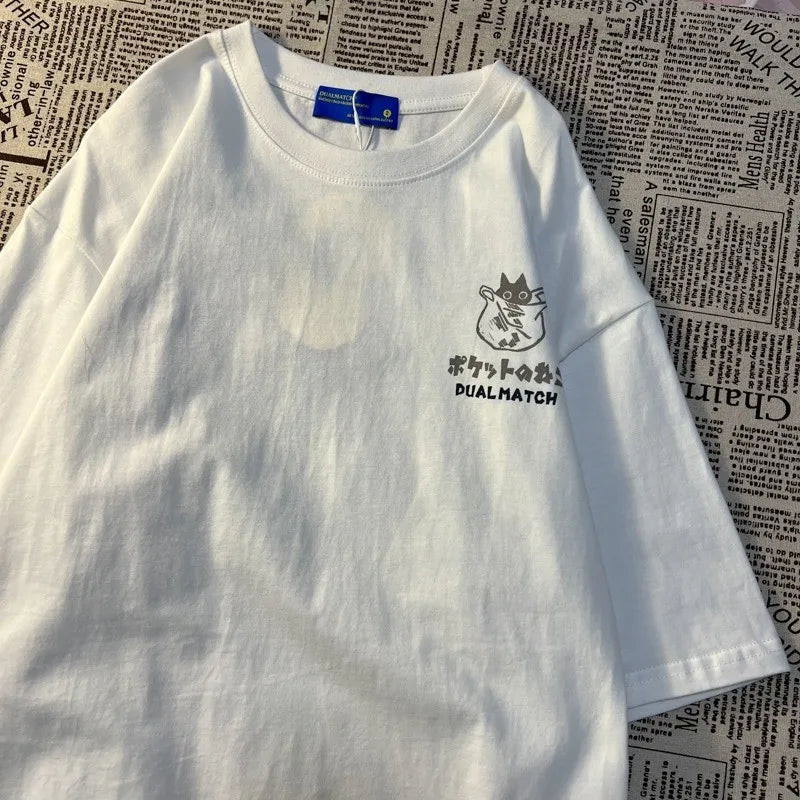 T-shirt graphique à poche avec motif chat - Streetwear de style japonais