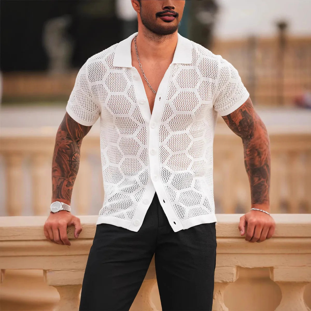 Chemises au crochet à col cubain pour homme - tendance élégante de l'été