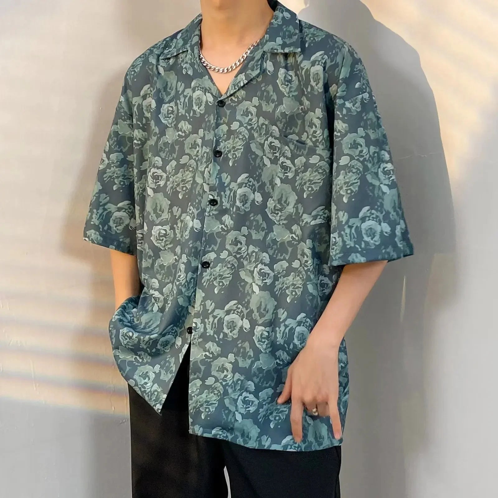 Chemise jacquard en soie glacée à col cubain et motif floral – Style rétro été pour homme