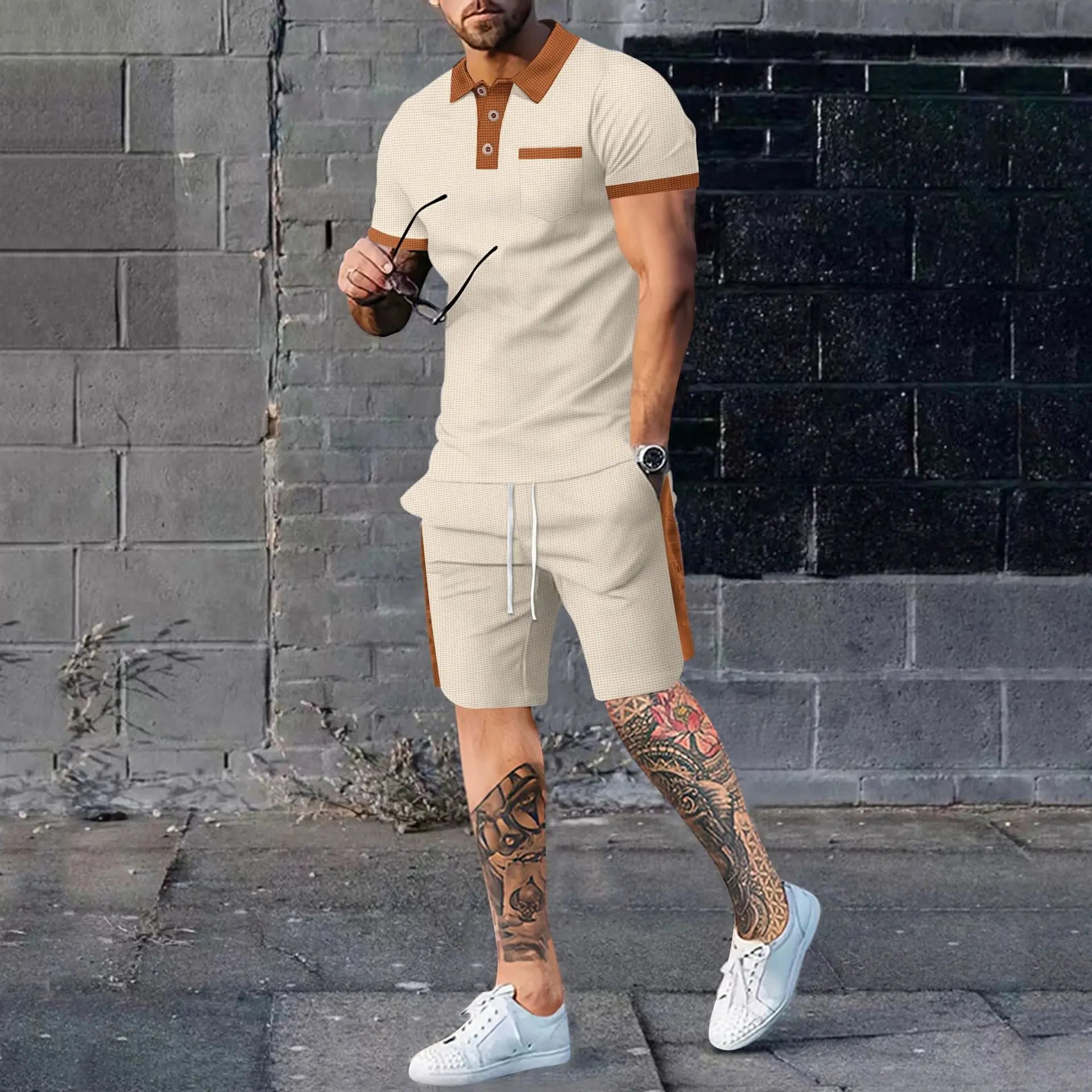 Deux ensemble polo et short en tricot gaufré pour homme – Tenue décontractée