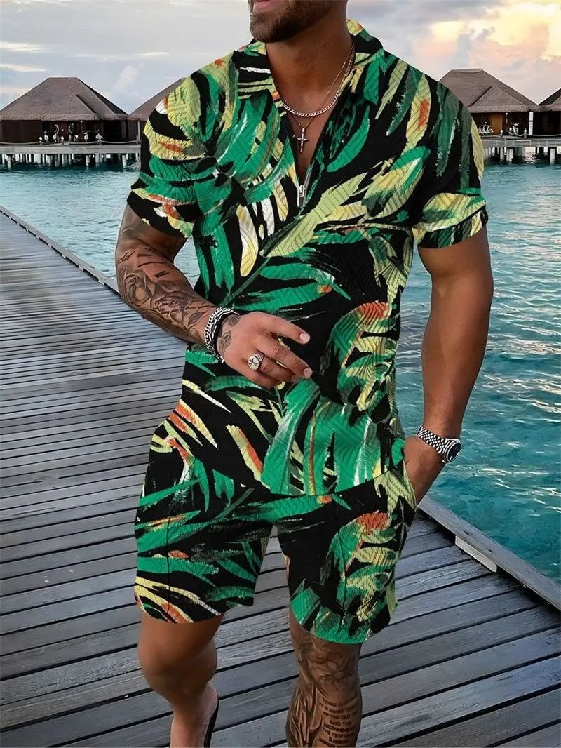 Deux ensembles polo fleuri et short pour homme – Ensemble décontracté d'été