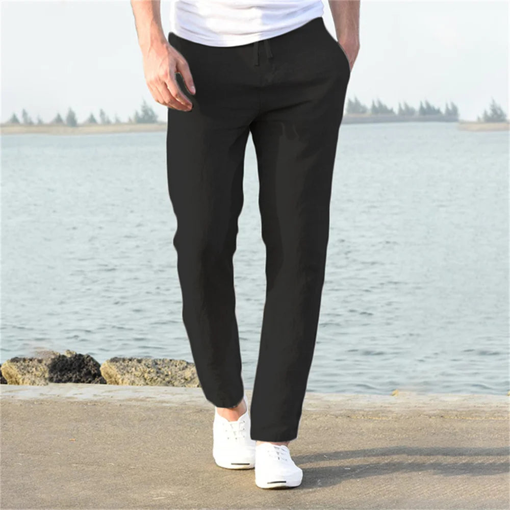 Pantalon de lin respirant avec cordon de serrage et coupe décontractée
