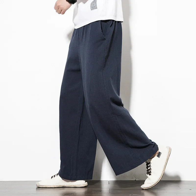 Pantalon ample en coton et lin pour homme, coupe droite et large
