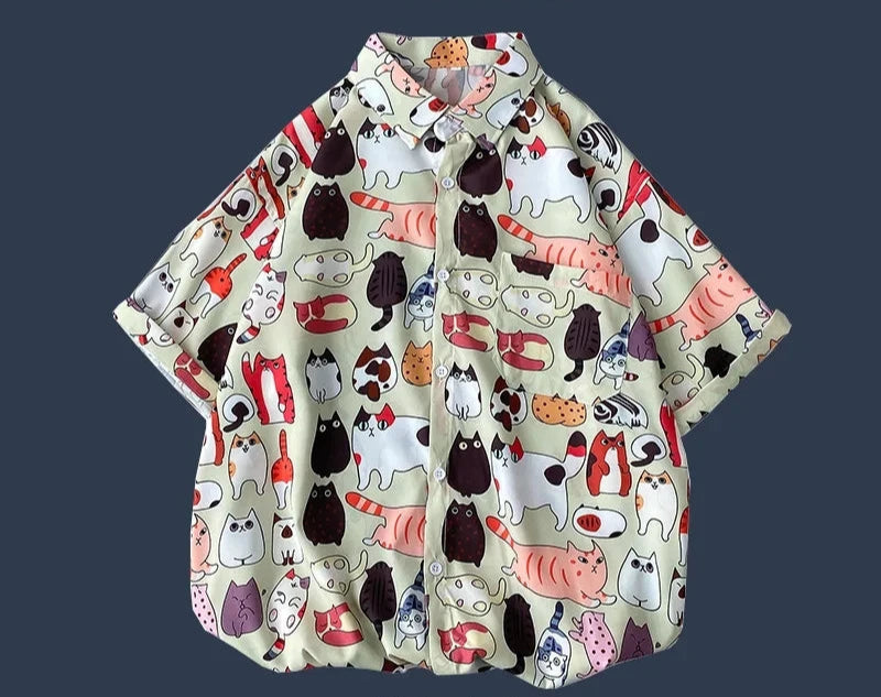 Chemise boutonnée d'été à imprimé dessin animé hawaïen - Décontractée et ample