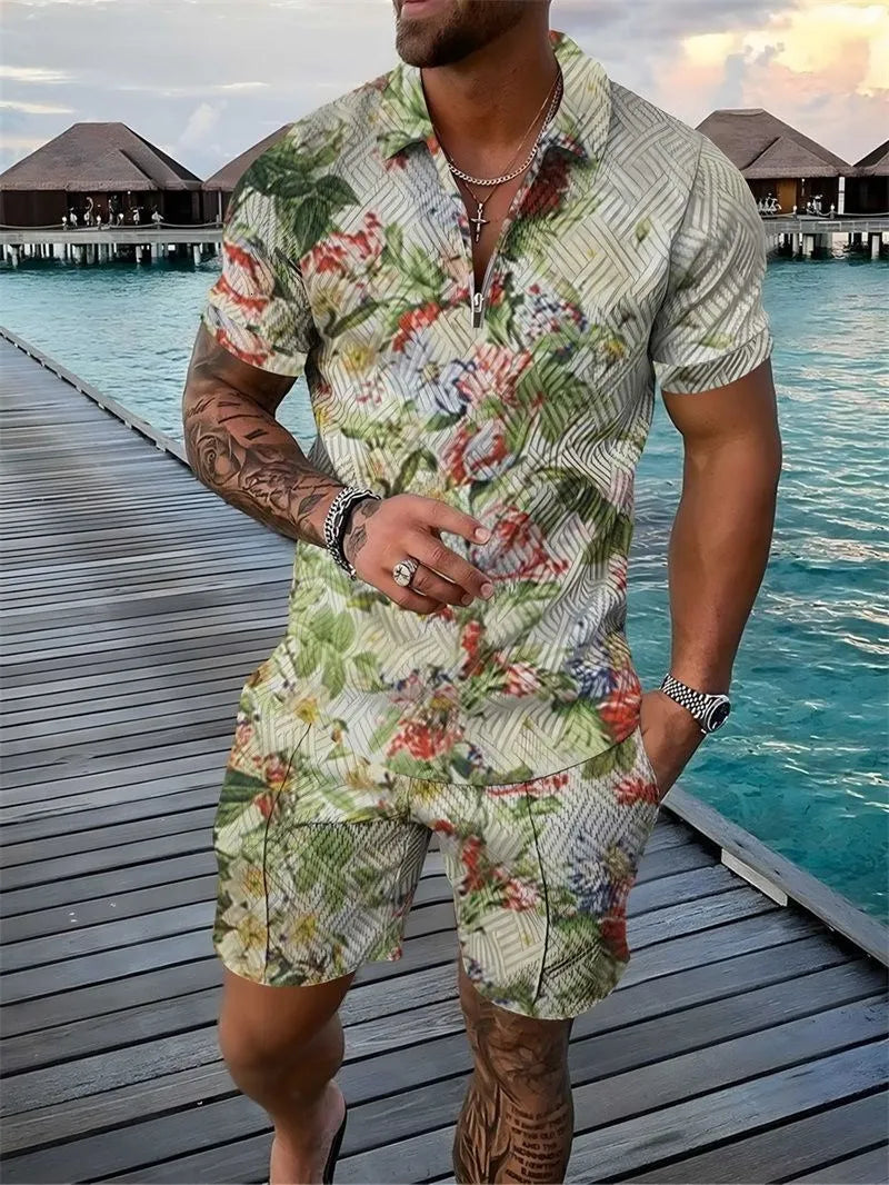 Deux ensembles polo fleuri et short pour homme – Ensemble décontracté d'été