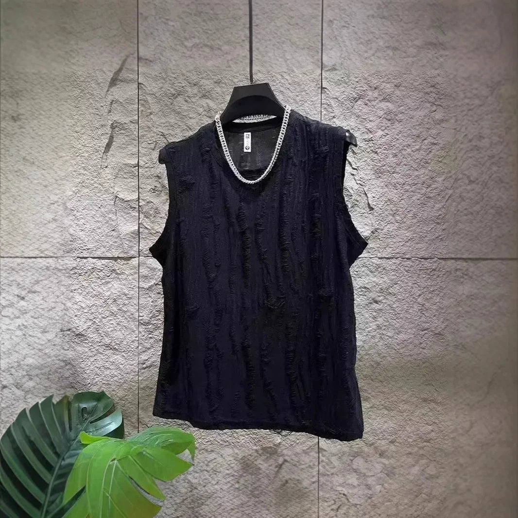 Ensemble deux pièces, haut sans manches et short, effet usé, pour homme