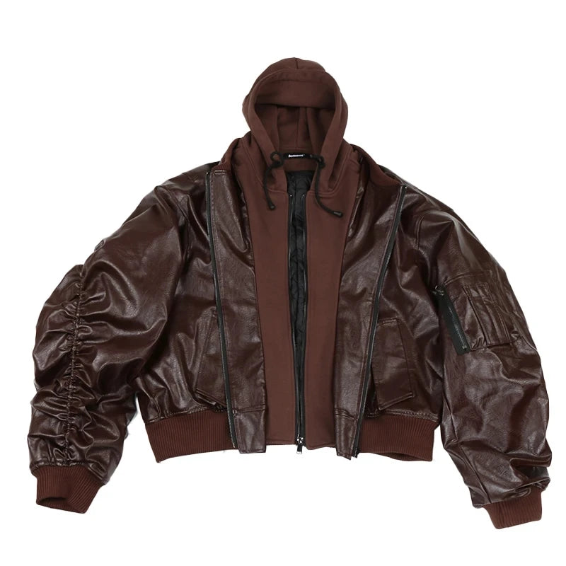 Blouson aviateur oversize à capuche en cuir synthétique pour homme – Style urbain