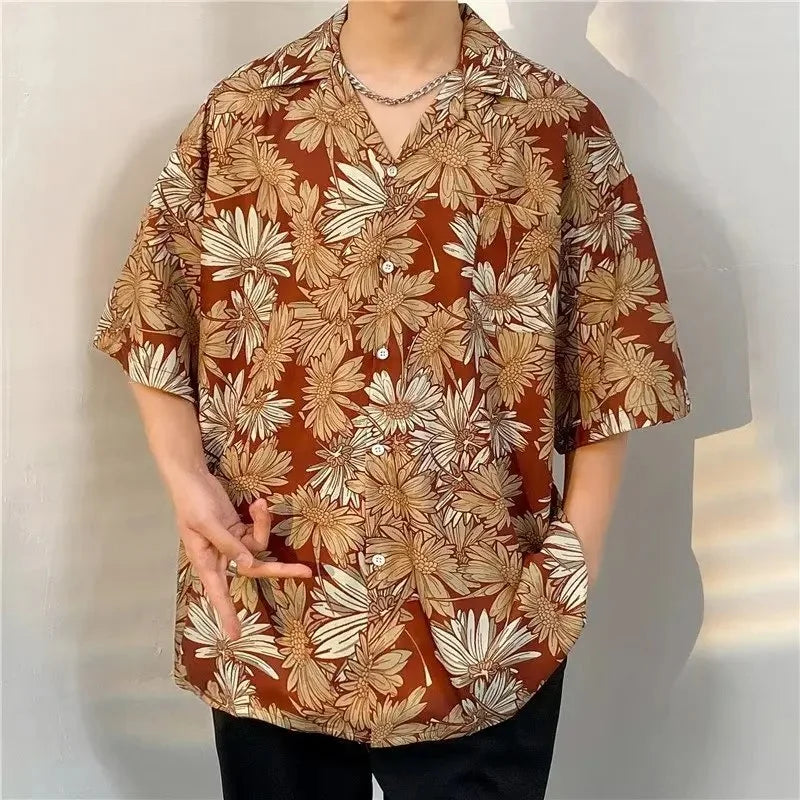 Chemise jacquard en soie glacée à col cubain et motif floral – Style rétro été pour homme