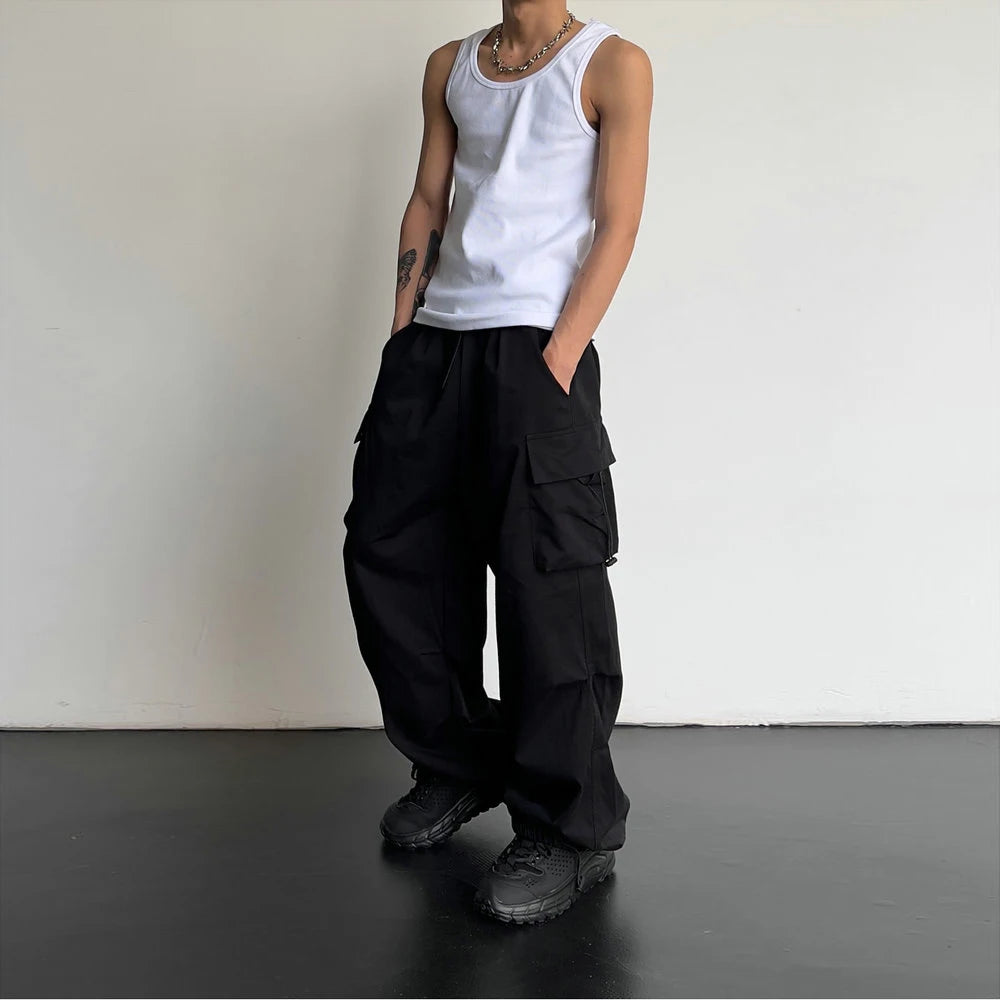 Pantalon cargo décontracté streetwear avec taille élastique style jambe large