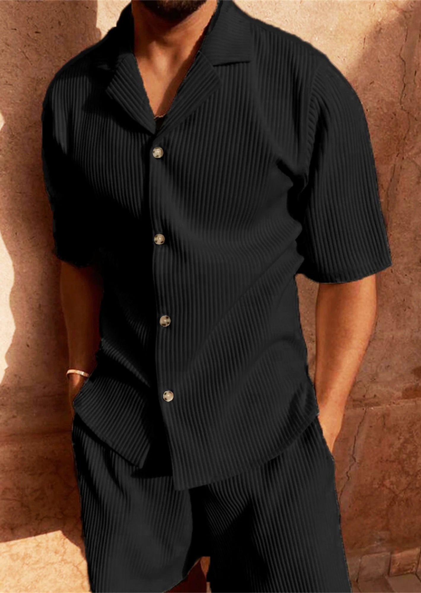 Deux ensembles chemise et short en velours côtelé – Tenue de plage décontractée
