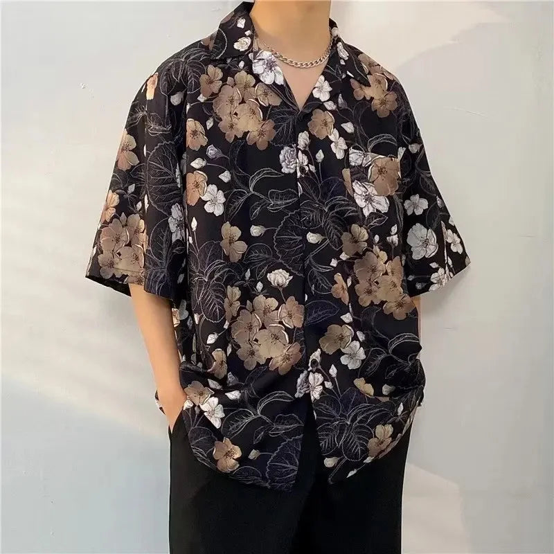 Chemise jacquard en soie glacée à col cubain et motif floral – Style rétro été pour homme