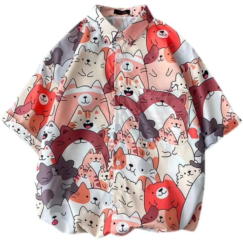 Chemise boutonnée d'été à imprimé dessin animé hawaïen - Décontractée et ample
