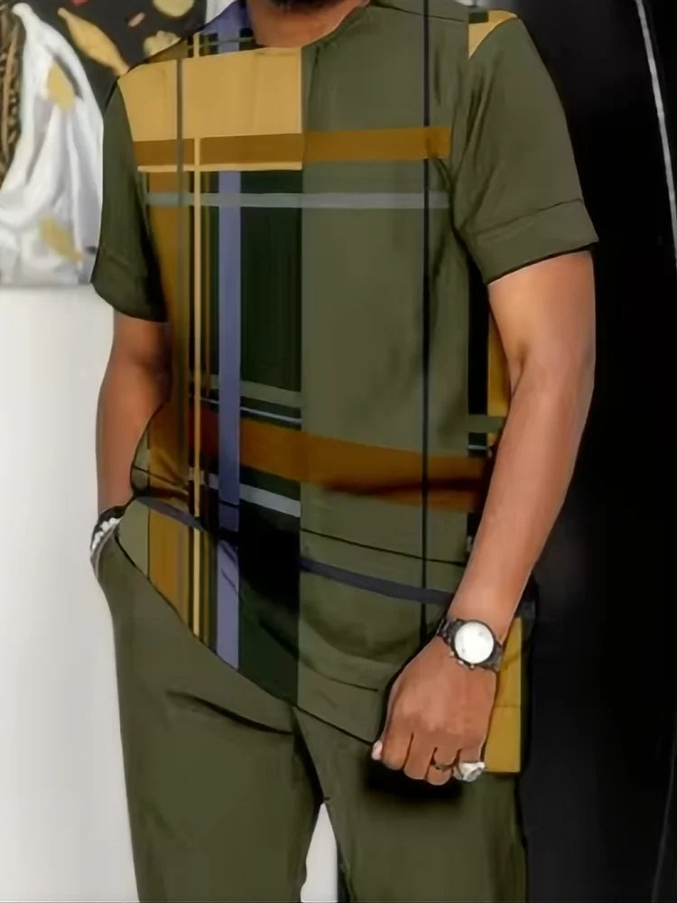 Deux ensembles chemise et pantalon à imprimé géométrique pour homme
