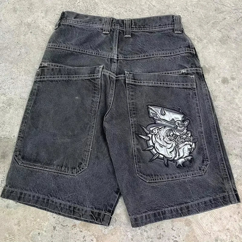Jorts en jean larges brodés style gothique Y2K streetwear homme