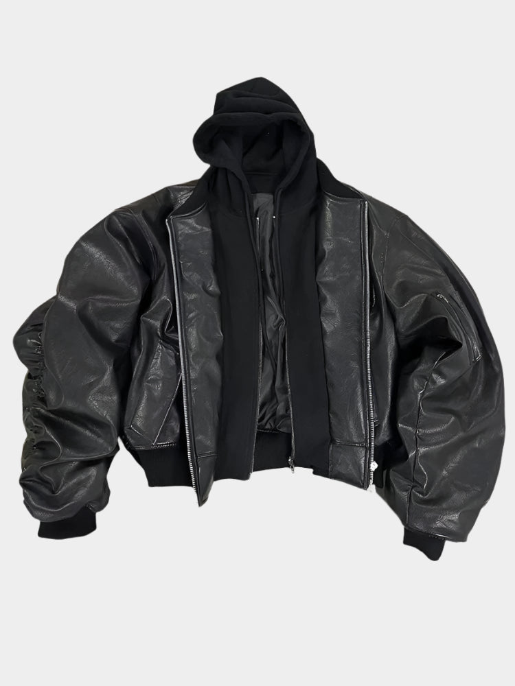 Blouson aviateur oversize à capuche en cuir synthétique pour homme – Style urbain