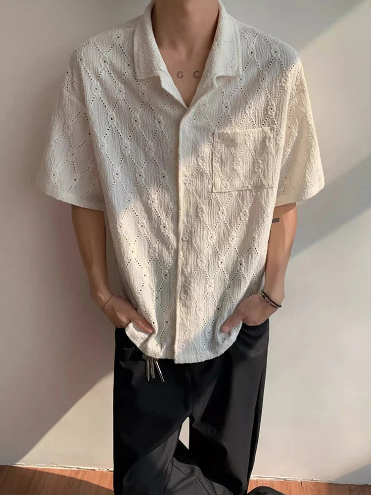 Chemise boutonnée décontractée en tricot vintage ajourée pour homme