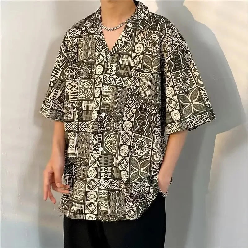 Chemise jacquard en soie glacée à col cubain et motif floral – Style rétro été pour homme