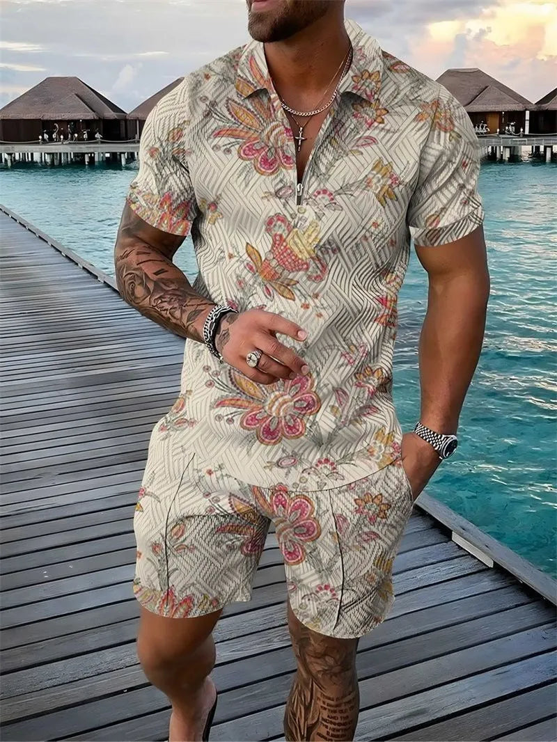 Deux ensembles polo fleuri et short pour homme – Ensemble décontracté d'été