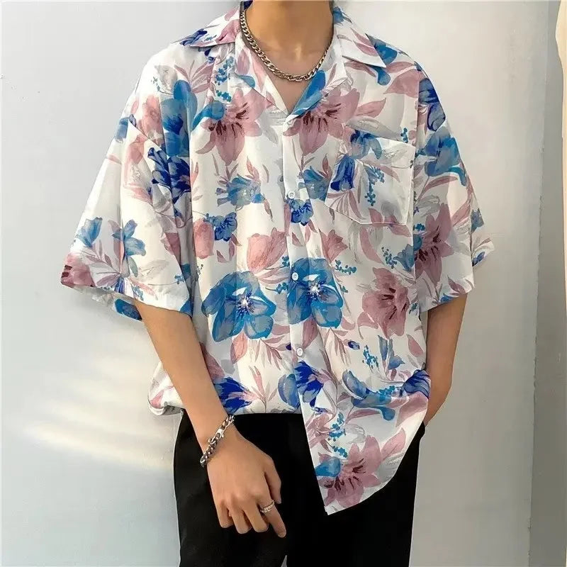 Chemise jacquard en soie glacée à col cubain et motif floral – Style rétro été pour homme