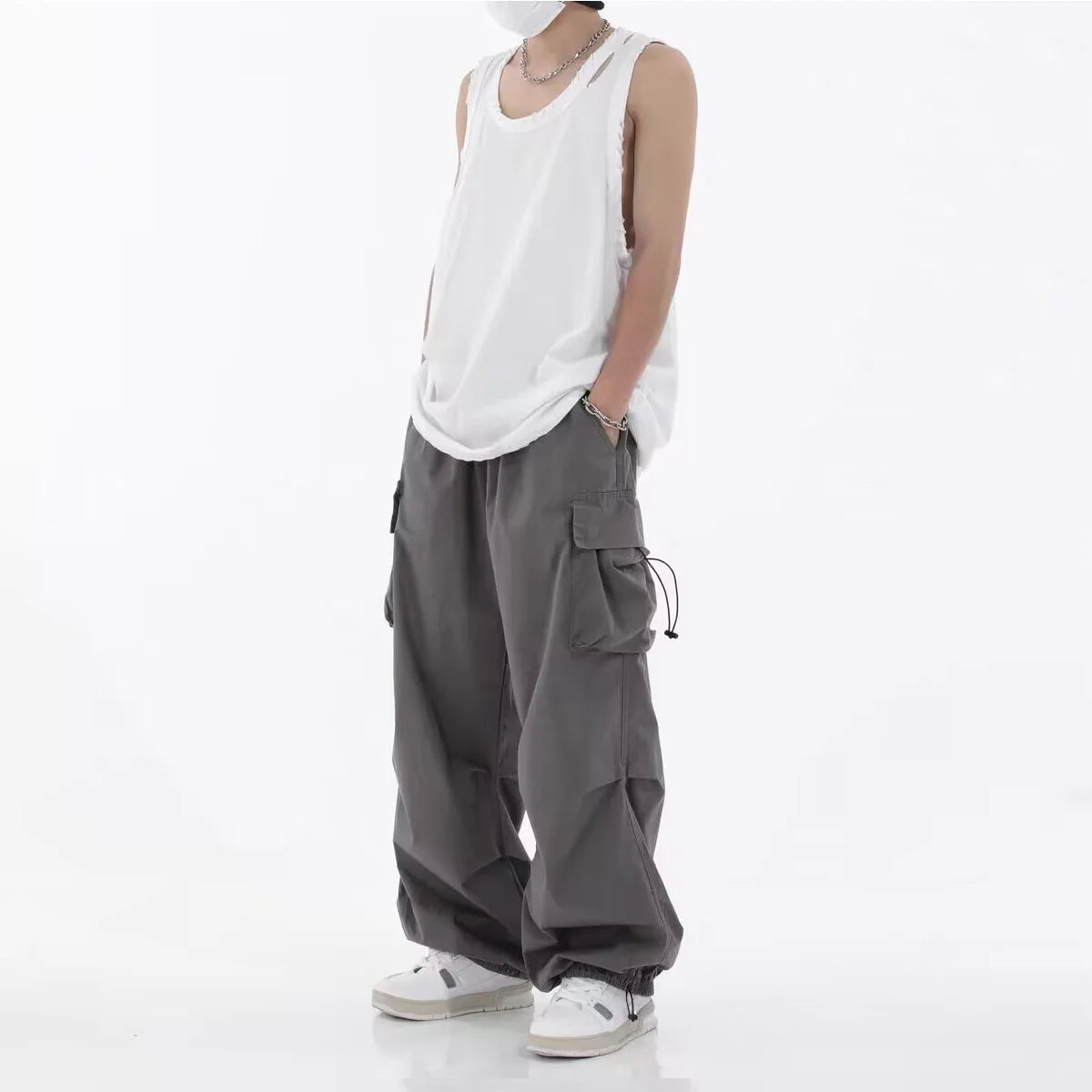 Pantalon cargo décontracté streetwear avec taille élastique style jambe large