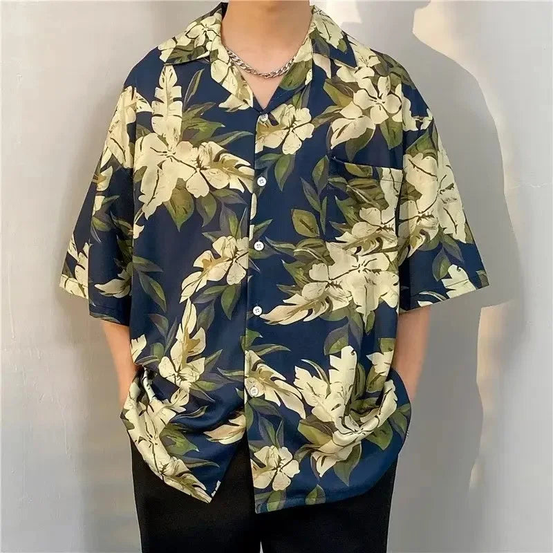 Chemise jacquard en soie glacée à col cubain et motif floral – Style rétro été pour homme