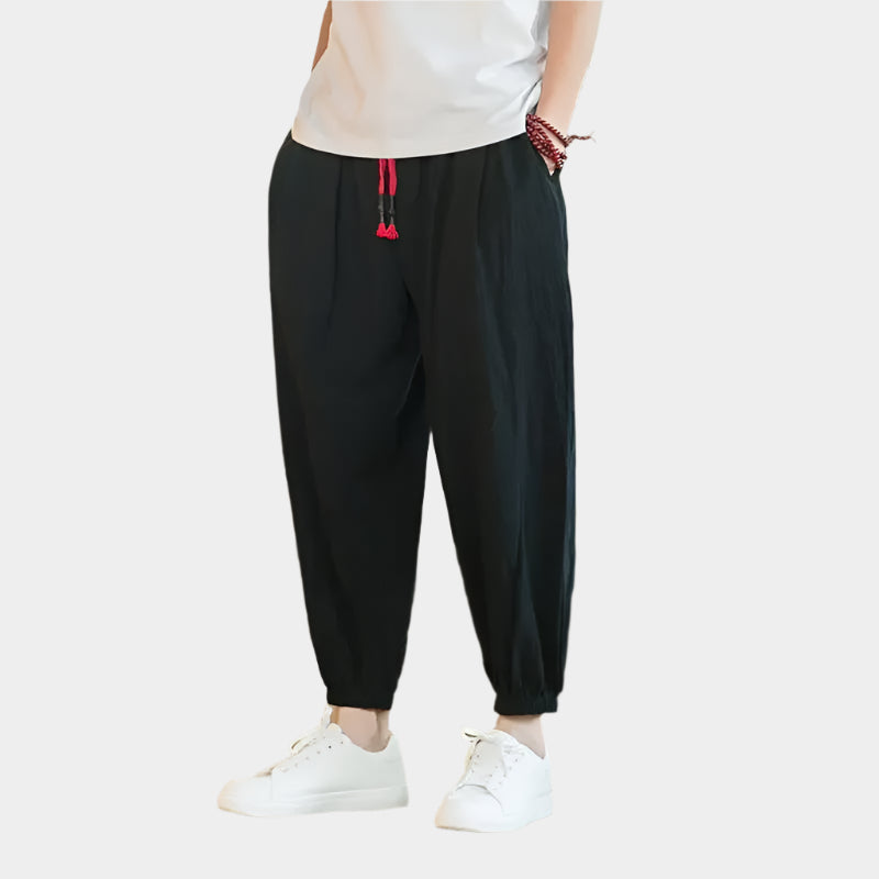 Pantalon de lin coupe ample avec bas cloche sarouel et taille décontractée