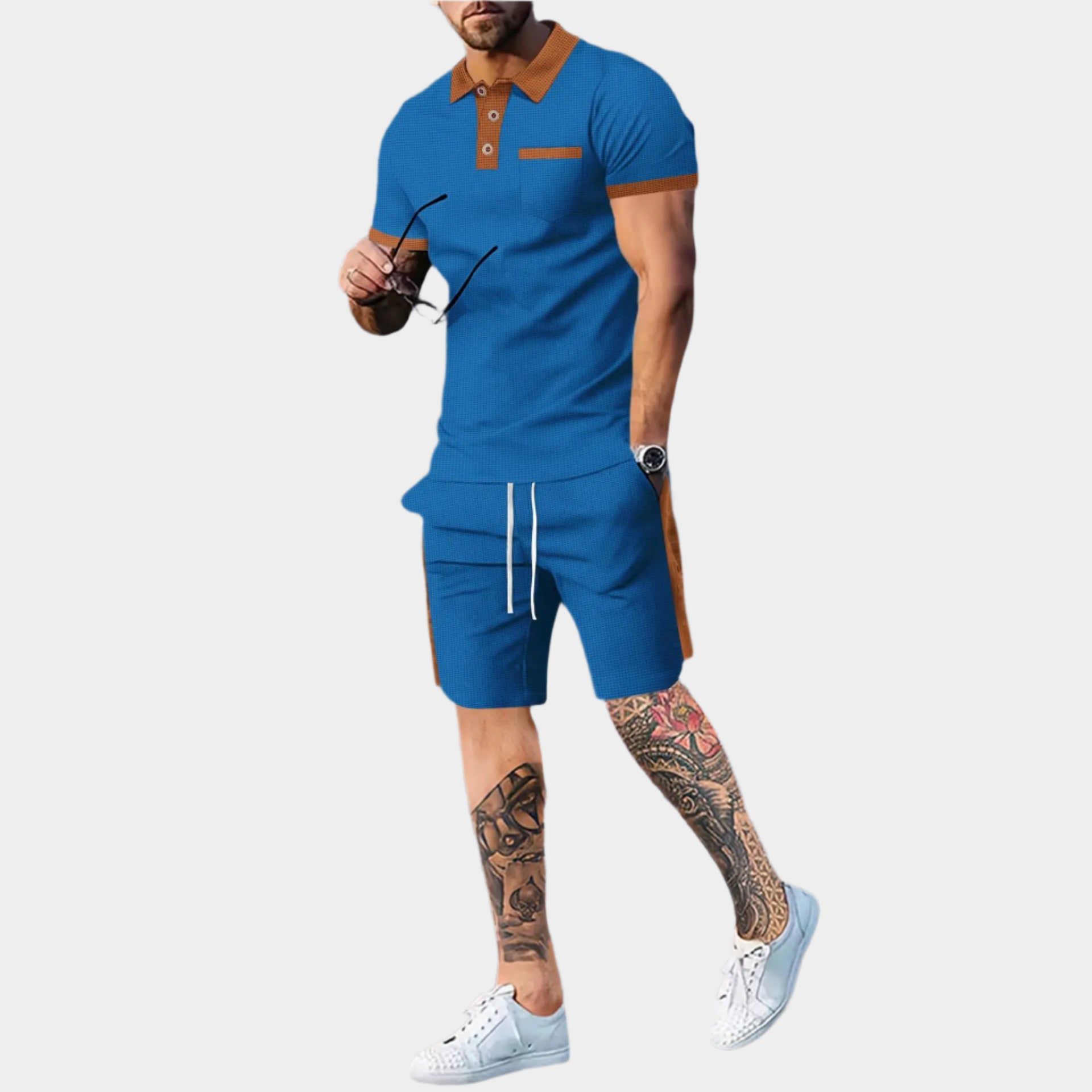 Deux ensemble polo et short en tricot gaufré pour homme – Tenue décontractée