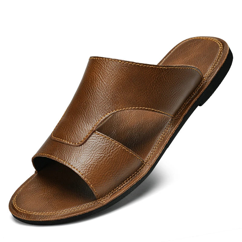Claquettes en cuir véritable à semelle souple pour homme - Tenue de plage d'été