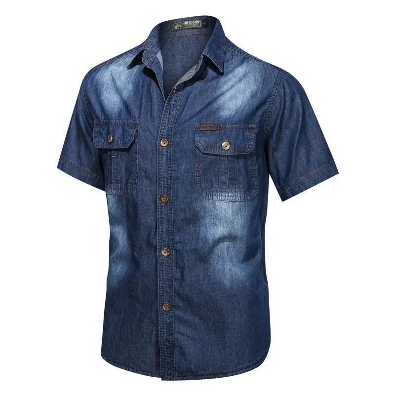 Chemises en jean boutonnées à poches multiples et manches courtes pour hommes