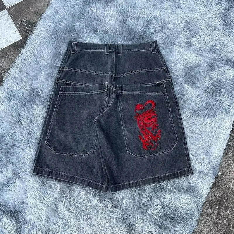 Jorts en jean larges brodés style gothique Y2K streetwear homme