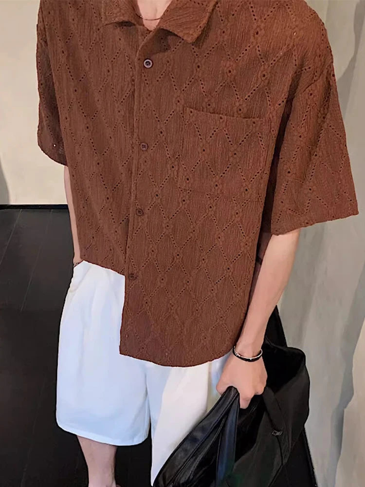 Chemise boutonnée décontractée en tricot vintage ajourée pour homme