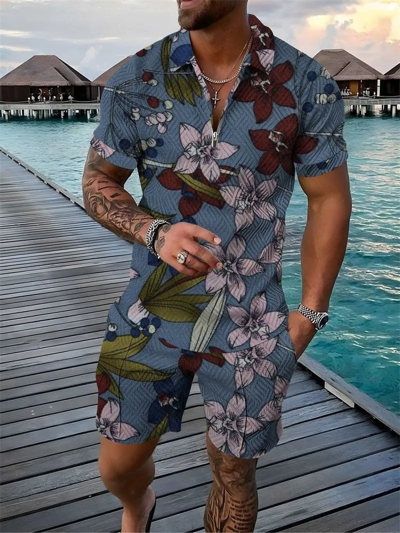 Deux ensembles polo fleuri et short pour homme – Ensemble décontracté d'été