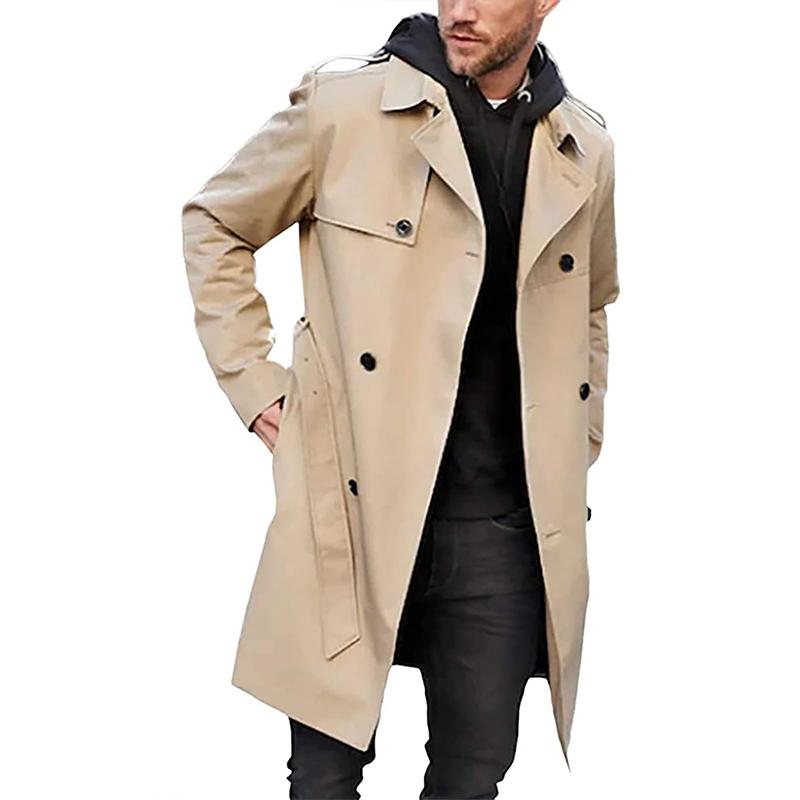 Trench Coat Homme Élégant en Polyester et Coton, Col à Revers, Ceinture Ajustable, Trench Long Bleu Marine pour Toutes les Occasions - 1