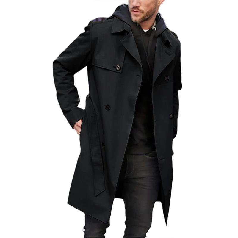 Trench Coat Homme Élégant en Polyester et Coton, Col à Revers, Ceinture Ajustable, Trench Long Bleu Marine pour Toutes les Occasions - 3