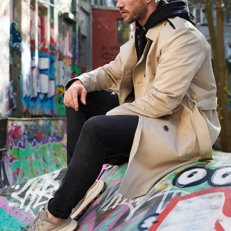 Trench Coat Homme Élégant en Polyester et Coton, Col à Revers, Ceinture Ajustable, Trench Long Bleu Marine pour Toutes les Occasions - 4