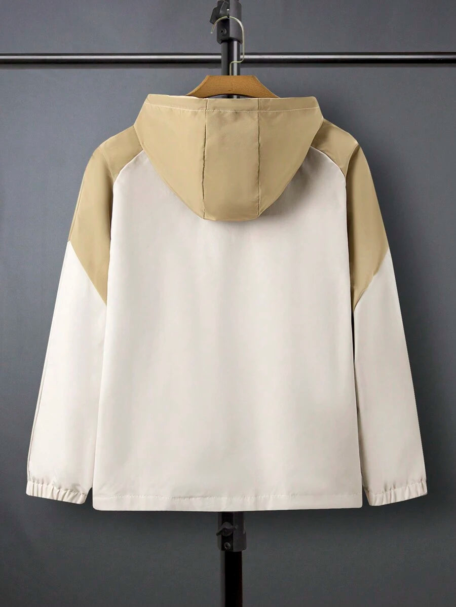 Veste coupe-vent patchwork à capuche grande taille avec fermeture éclair sur le devant