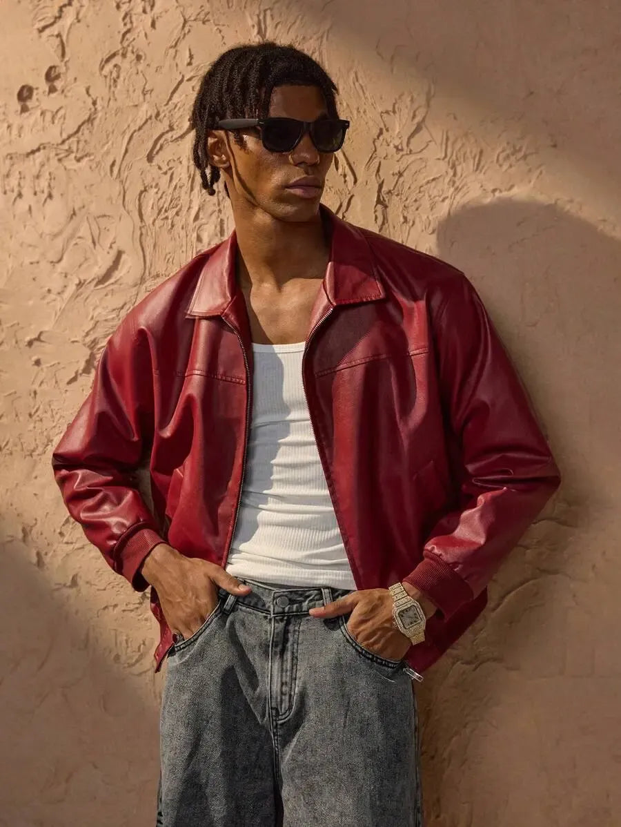 Veste en cuir zippée à épaules tombantes – Vêtements élégants pour homme