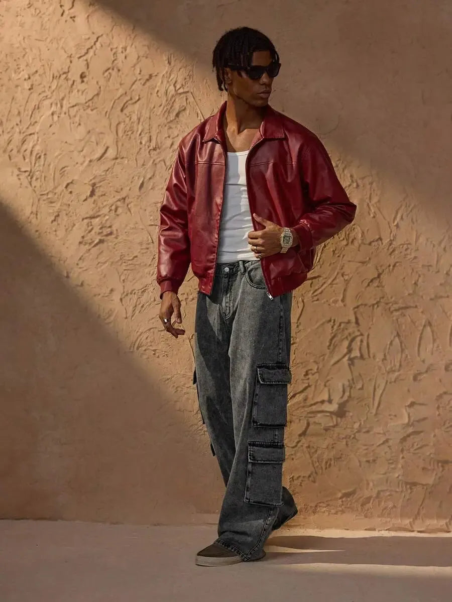 Veste en cuir zippée à épaules tombantes – Vêtements élégants pour homme