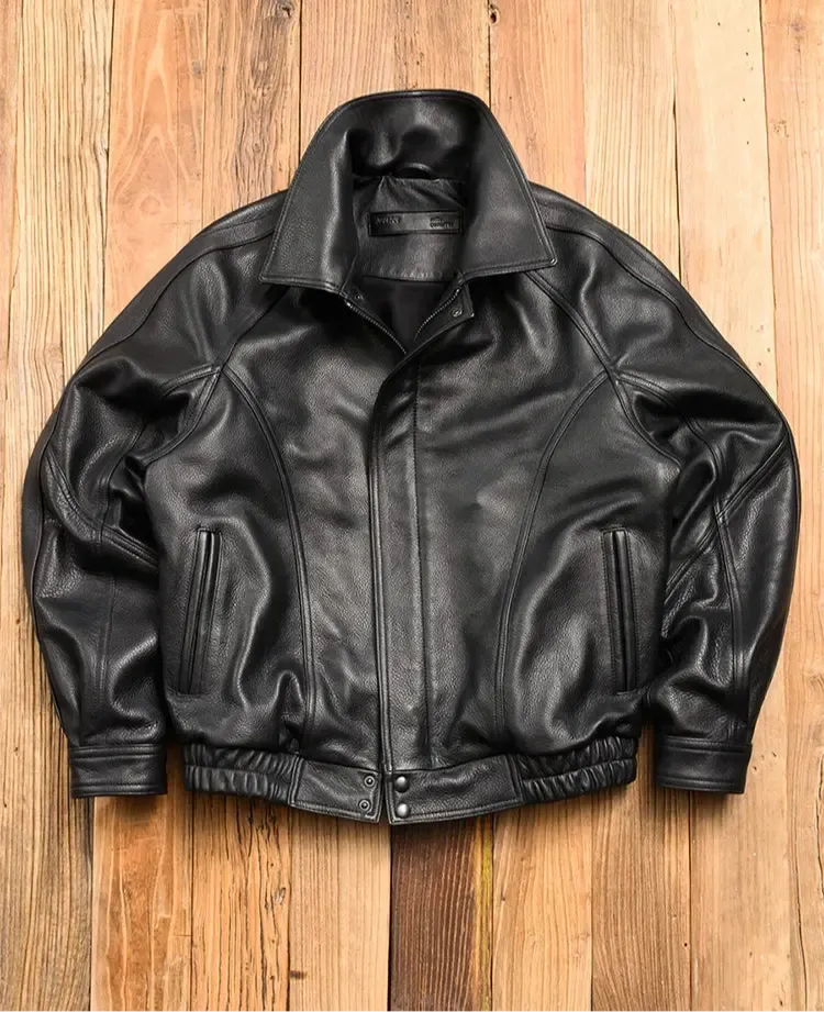 Veste vintage en cuir PU noir – Bomber élégant avec fermeture éclair pour homme