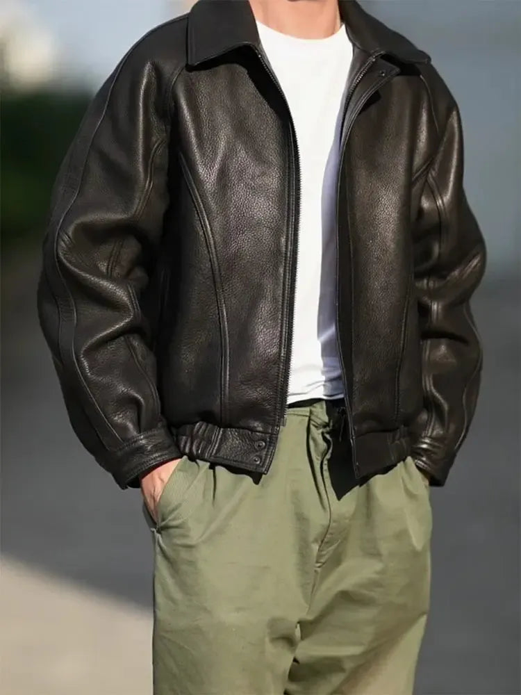 Veste vintage en cuir PU noir – Bomber élégant avec fermeture éclair pour homme