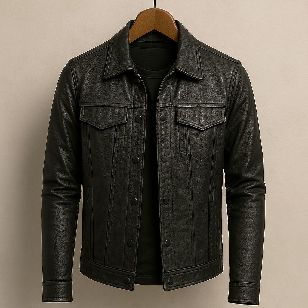 Veste en cuir élégante – coupe slim pour homme avec revers crantés