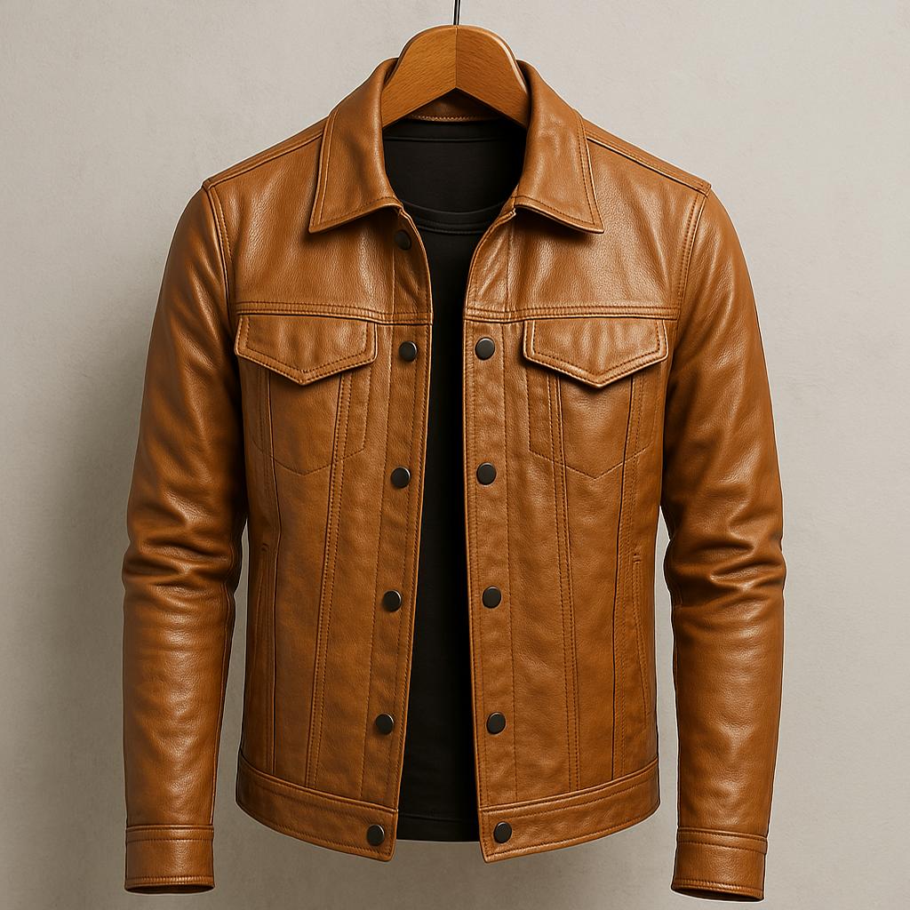 Veste en cuir élégante – coupe slim pour homme avec revers crantés