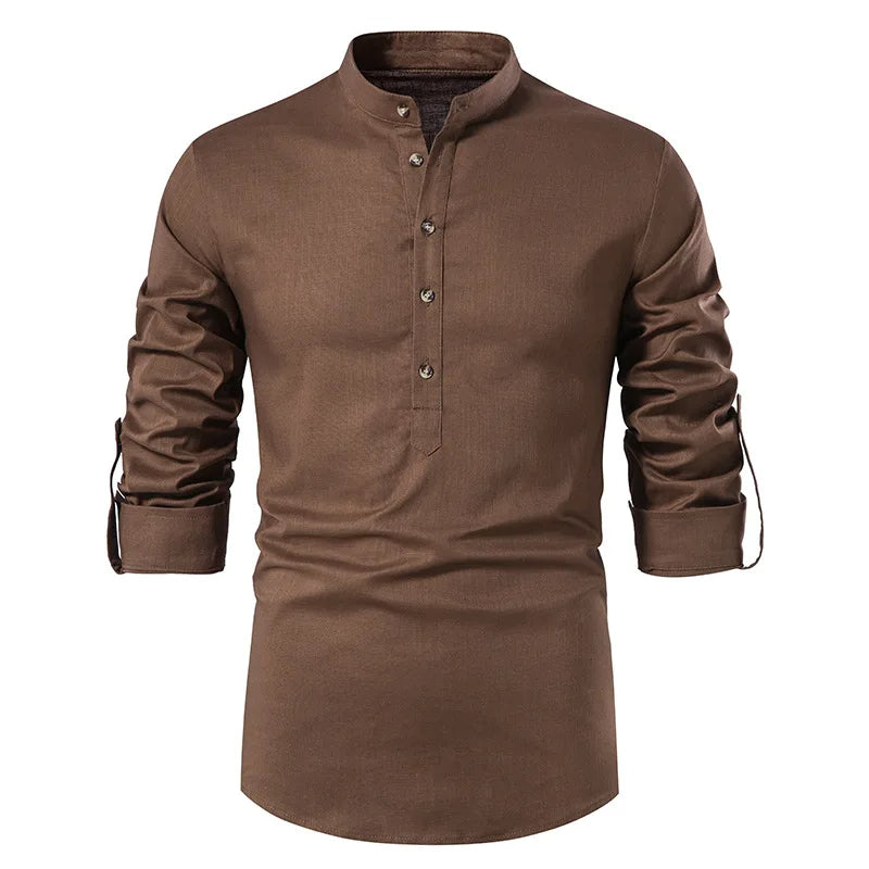 Chemise en lin à col Henley – Style décontracté pour homme