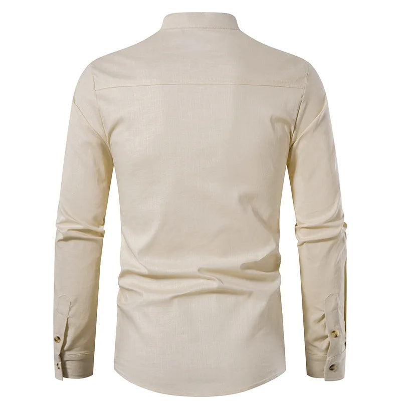Chemise en lin à col Henley – Style décontracté pour homme